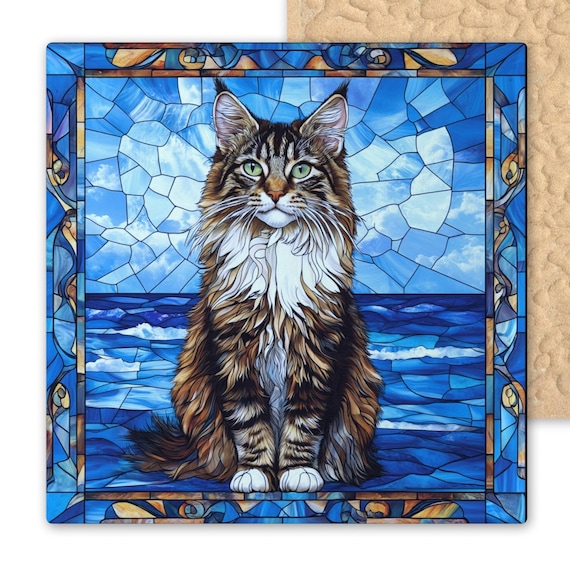 Maine Coon Ceramic Tile Wall Art: Stained Glass Cat Decor, Whimsical Pet Trivet, Coastal Home Accent