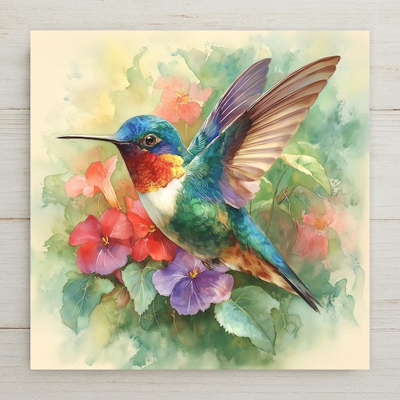 Hummingbird Ceramic Art Tile: Colorful Wall Decor Floral Garden Bird Lover Gift Home Decor Watercolor Bird Art Painting