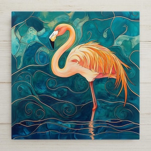 May include: A square wall art print featuring a flamingo with orange and pink feathers standing on one leg. The background consists of swirling deep teal and blue liquid-like patterns outlined with thin, metallic gold lines throughout.