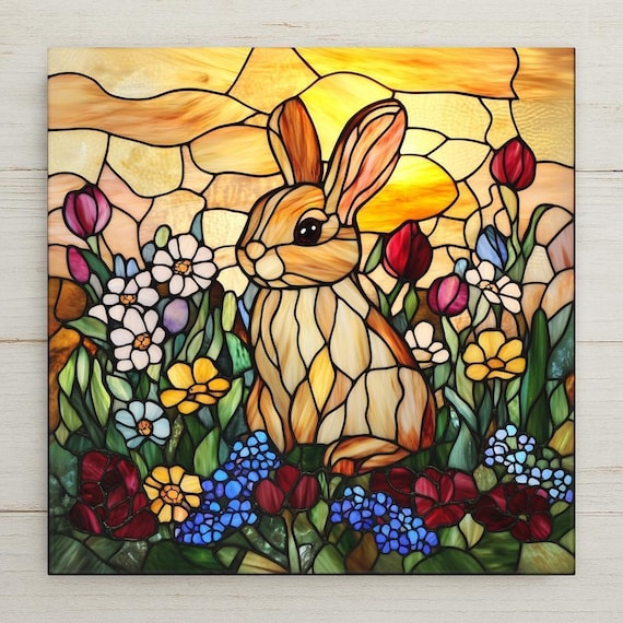 Stained Glass Sunset Bunny Tile: Cottagecore Garden Decor