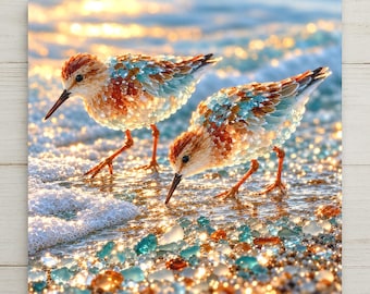 Puede incluir: Dos correlimos con plumaje compuesto por fragmentos translúcidos de color ámbar, marrón y turquesa, de pie en una orilla cubierta de guijarros de vidrio marino a juego entre olas oceánicas poco profundas y brillantes.