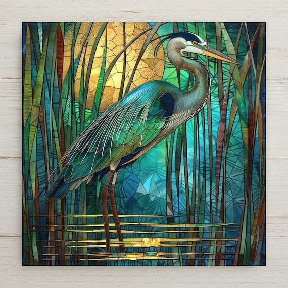 Elegant Great Blue Heron Mosaic Wall Art: Stained Glass Ceramic Tile for Coastal Bird Lovers and Nature Enthusiasts