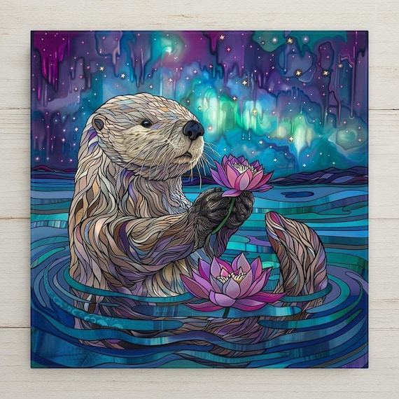 Otter Ceramic Tile Art: Stained Glass Style, Lotus & Northern Lights