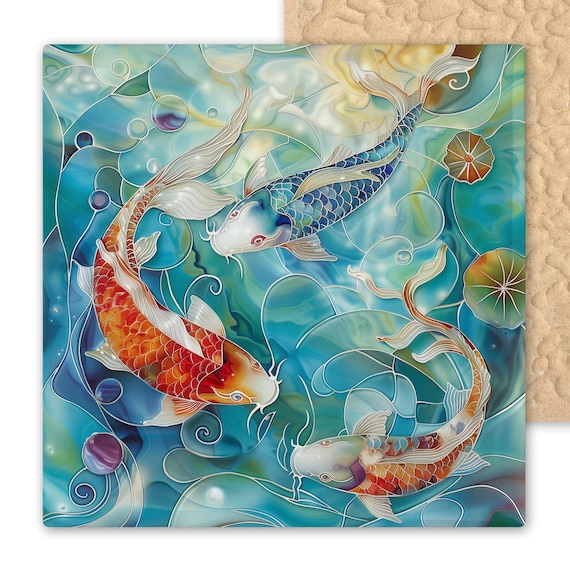 Vibrant Koi Fish Ceramic Mosaic Tile - Japanese Zen Wall Art for Bathroom, Home Decor, and Tranquil Accents
