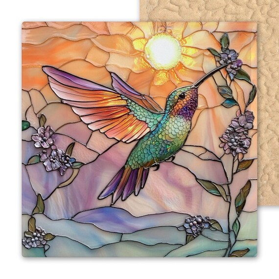 Vibrant Sunrise Hummingbird Ceramic Tile Wall Art - Stained Glass Style Nature-Inspired Decor for Bird Lovers