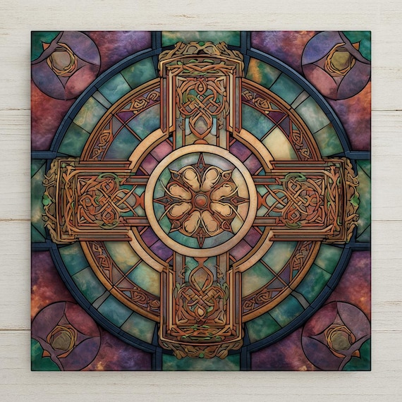 Celtic Cross Ceramic Tile Wall Art – Stained Glass Style Irish Knot Design, Spiritual Wall Decor, Medieval Christian Home Decor