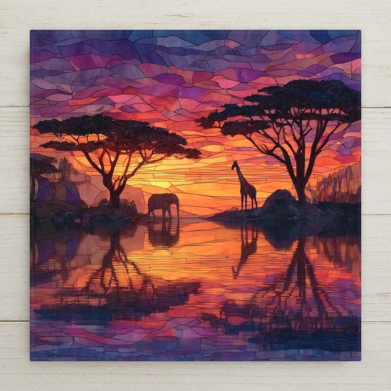 Serengeti Sunset Wall Art Ceramic Tile Stained Glass Style African Safari Gift Nature Landscape Decor