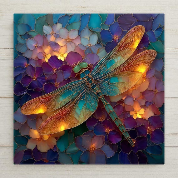 Dragonfly Hydrangea Wall Art Ceramic Tile Stained Glass Style Purple Blue Floral Nature Gift Decor Art