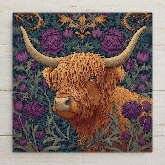 Highland Cow Wall Art Ceramic Tile – Scottish Rustic Farmhouse Decor, Thistle Botanical Wall Decor, Cottagecore Home Decor