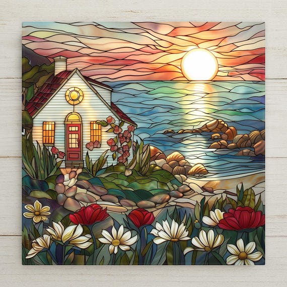 Coastal Cottage Sunset Ceramic Tile: Stained Glass Seascape Wall Art for Beach Home Decor