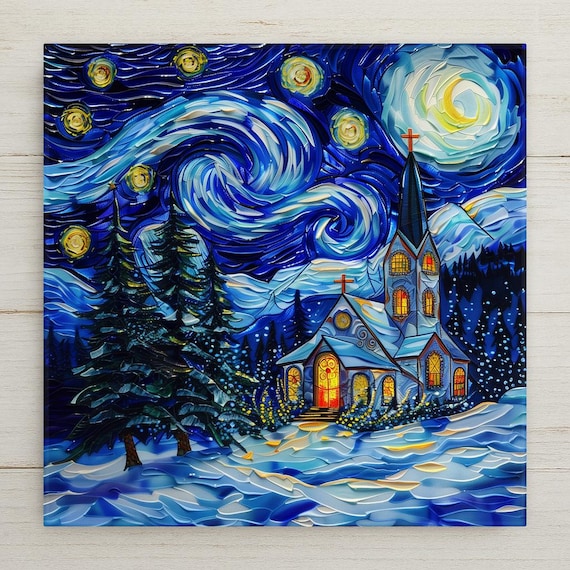 Stained Glass Starry Night Church Tile Home Decor: Christmas Wall Art Decor for Holiday & Spiritual Gifts