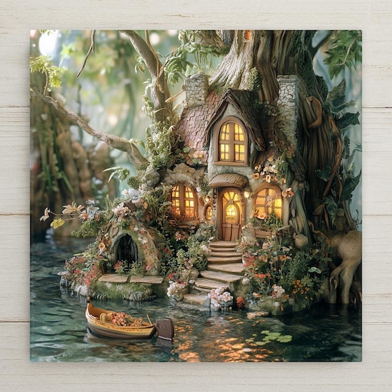 Enchanting Fairycore Ceramic Tile Art: Whimsical Woodland Cottage Wall Decor, Fantasy Home Gift