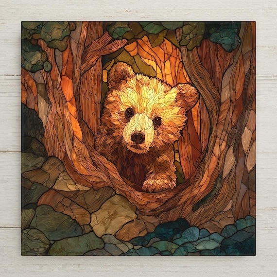 Bear Cub Wall Art Ceramic Tile Baby Bear Gift Woodland Animal Decor Cabin Nature Art