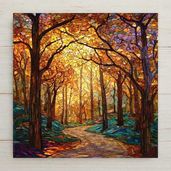 Autumn Forest Ceramic Tile: Stained Glass Landscape Wall Art for Rustic Cabin Decor & Nature Lovers