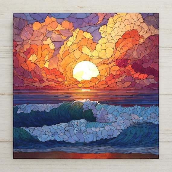 Ocean Sunset Ceramic Tile Wall Art – Stained Glass Style Coastal Decor, Bold Sunset Wave Wall Decor Home Decor Gift