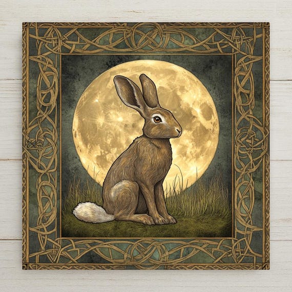 Celtic Hare Ceramic Tile: Handmade Knotwork Moon Art