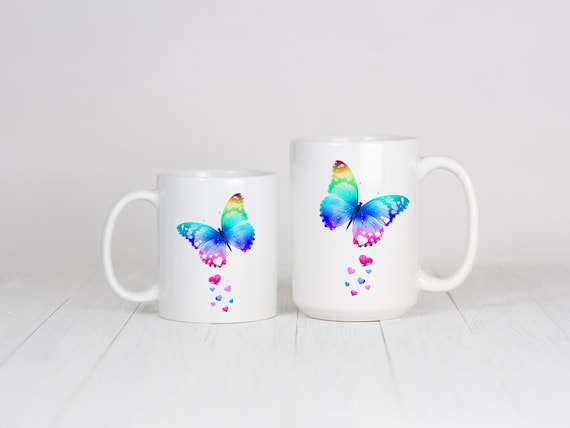 Rainbow Butterfly Mug – Watercolor Butterfly Coffee Cup – LGBTQ Pride Gift – Colorful Mug for Butterfly Lovers – Heart Wings Tea Cup