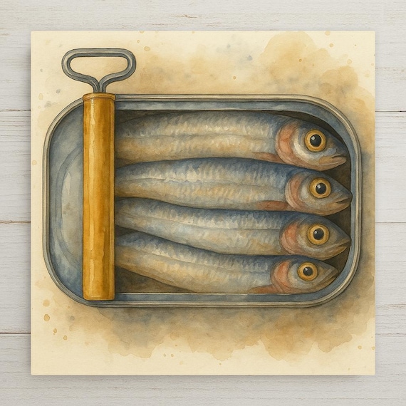 Vintage Sardine Can Art Tile: Ceramic Retro Kitchen Coastal Nautical Wall Decor Collectible Art