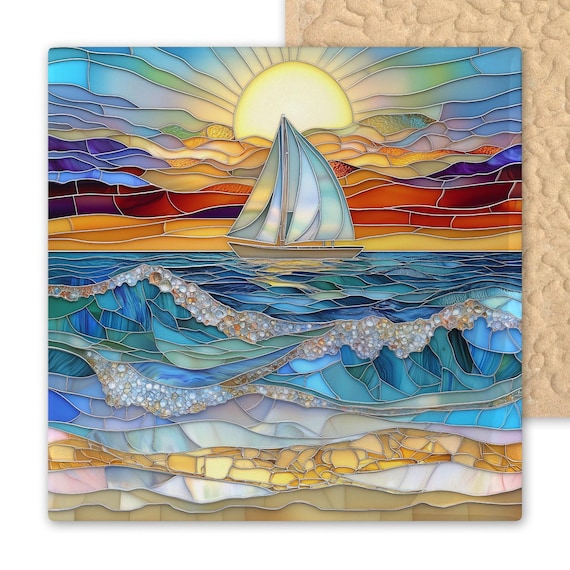 Sunset Ocean Waves Sailboat Ceramic Tile Art – Vibrant Blue and Gold Stained Glass Print – Nautical Beach Wall Art for Coastal Home Decor