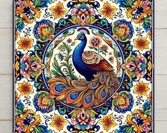 Talavera Peacock Ceramic Tile | Mexican Folk Art Wall Decor | Colorful Patterned Bird Tile | Mediterranean Kitchen Art