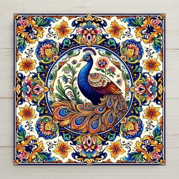 Vibrant Talavera Peacock Tile: Mediterranean-Inspired Ceramic Art for Eclectic Home Decor Wall Art