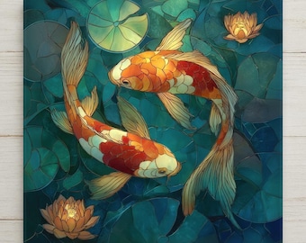 Koi Fish Wall Art Ceramic Tile – Zen Bathroom Decor – Feng Shui Yin Yang Koi – Japanese Pond Wall Decor – Spa Home Gift