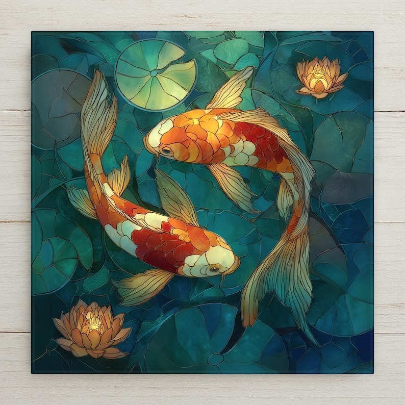 Two orange and white koi fish circle in a yin yang formation among teal lily pads and glowing lotus flowers in stained glass style. Zen spa bathroom ceramic tile wall art.