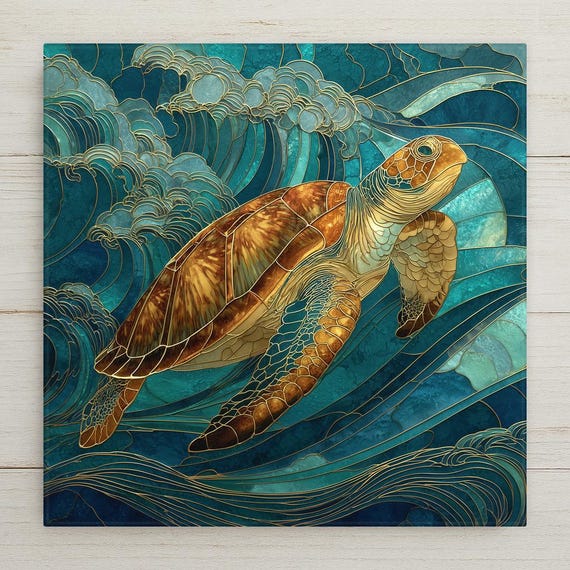 Stained Glass-Style Sea Turtle Mosaic: Ceramic Ocean Wave Wall Art for Coastal Beach House Decor