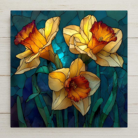 Daffodil Wall Art Ceramic Tile March Birthday Gift Birth Month Flower Stained Glass Style Botanical Spring Art