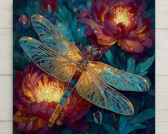 Dragonfly Peony Wall Art Ceramic Tile Stained Glass Style Memorial Sympathy Gift Nature Dragonfly DecorArt