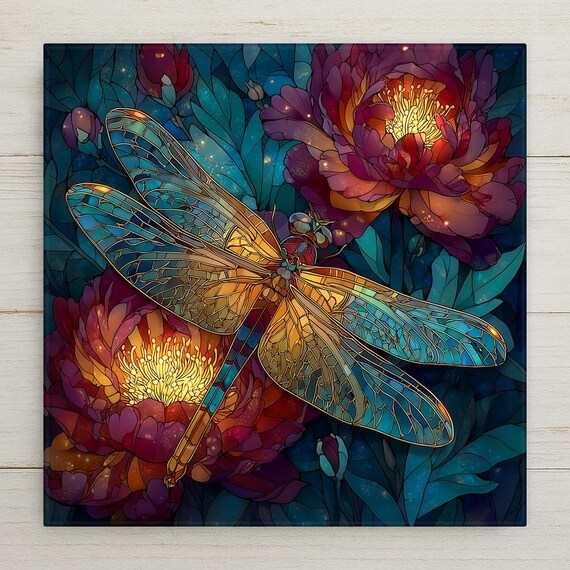 Dragonfly Peony Wall Art Ceramic Tile Stained Glass Style Memorial Sympathy Gift Nature Dragonfly DecorArt