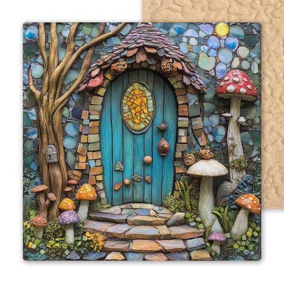 Mosaic Fairy House Ceramic Tile Art: Whimsical Blue Door Fantasy Wall Decor Mosaic Print for Enchanted Garden