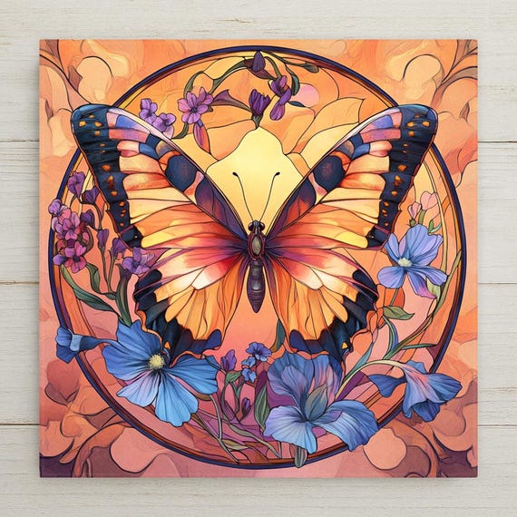 Vibrant Stained Glass Butterfly Ceramic Tile - Handmade Nature Wall Art Decor - Garden Insect Gift