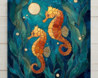 May include: A square stained glass panel featuring two orange seahorses swimming among deep teal and blue seaweed. A circular pale yellow moon is visible in the upper left corner, with small circular accents scattered throughout the composition.