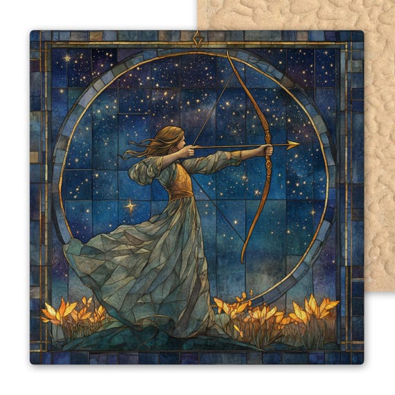 Handcrafted Sagittarius Zodiac Ceramic Tile - Archer Wall Art, Stained Glass Decor, Celestial Birthday Gift