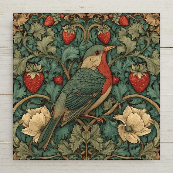 Art Nouveau Songbird Botanical Wall Art Ceramic Tile – Nature Inspired Stained Glass Style, Home Decor