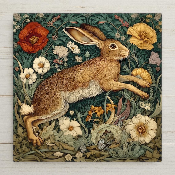 William Morris Leaping Hare Ceramic Art Tile: Woodland Wildflower Wall Decor Art Nouveau Vintage Art Traditional Home Decor