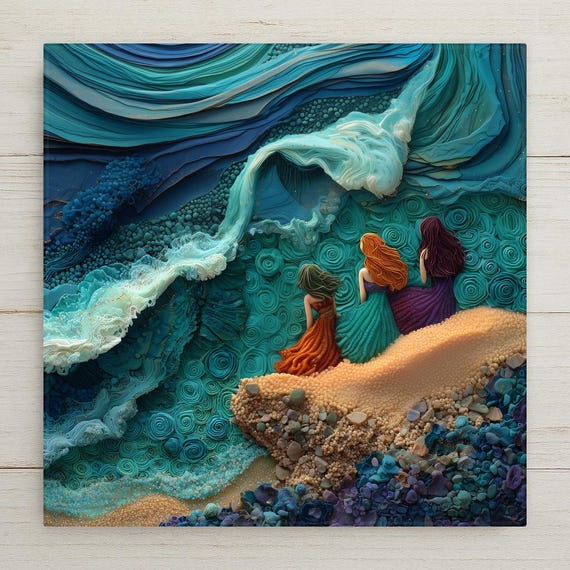 Mermaid Sisters Ceramic Tile Wall Art - Ocean Fantasy Stained Glass Style Coastal Beach Decor Nautical Sea Gift