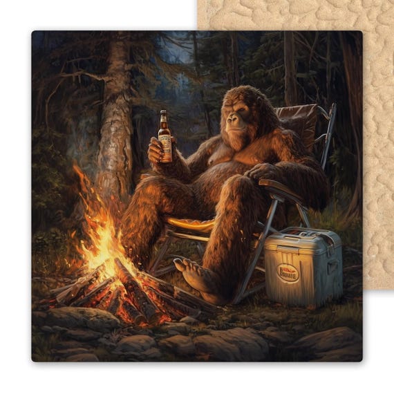 Funny Bigfoot Ceramic Tile Art: Sasquatch Relaxing by Campfire with Beer - Cryptid Decor for Cabin