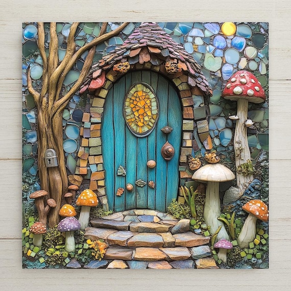 Mosaic Fairy House Ceramic Tile Wall Art – Blue Cottage Fantasy Home Decor, Whimsical Mushroom Wall Decor Gift, Enchanted Door Illustration