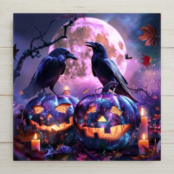 Celestial Raven Halloween Ceramic Tile: Galactic Metallic Pumpkins, Witchy Moon Wall Art Decor