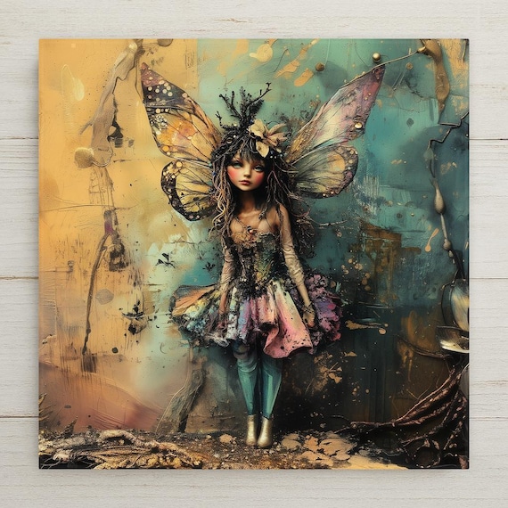 Enchanting Coquette Fairy Ceramic Tile Art - Whimsical Fantasy Wall Decor with Butterfly Wings