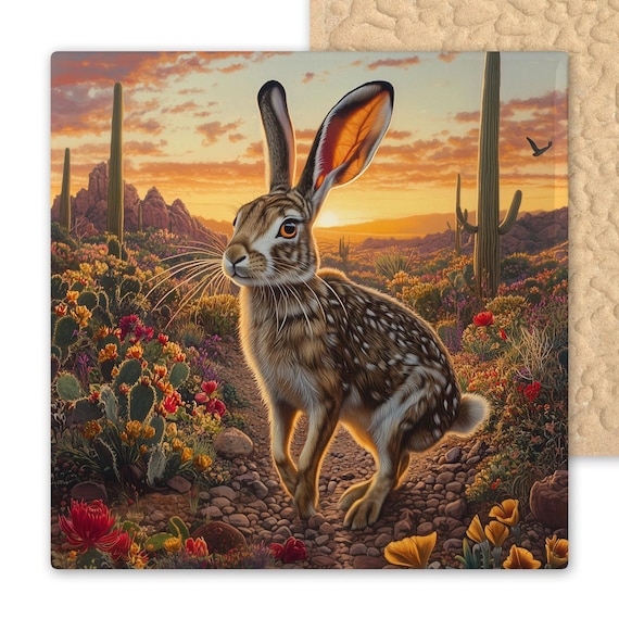 Southwestern Desert Jackrabbit Ceramic Tile - Wildlife Wall Art with Cactus and Wildflowers Scene