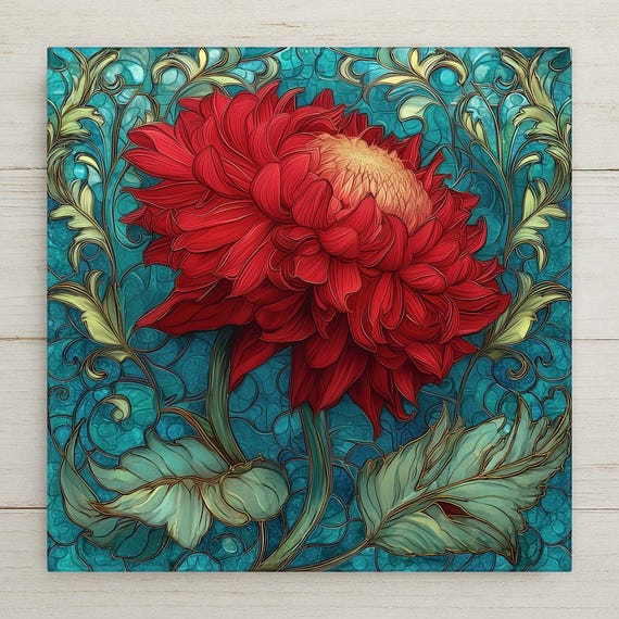 Red Dahlia Wall Art Ceramic Tile – Bold Floral Stained Glass Decor – Botanical Wall Decor – Romantic Home Decor Gift