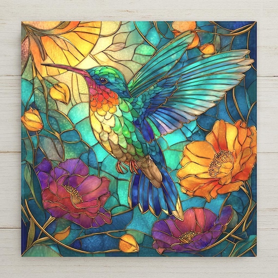 Hummingbird Ceramic Tile Art: Stained Glass Style Nature Decor