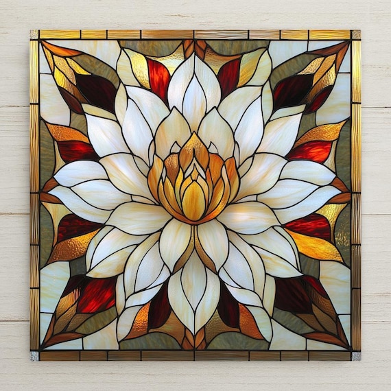 Art Nouveau Lotus Flower Tile: Stained Glass Style Ceramic Wall Art