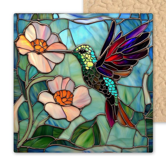 Vibrant Stained Glass-Style Hummingbird Ceramic Tile - Handmade Floral Wall Art for Garden Lovers