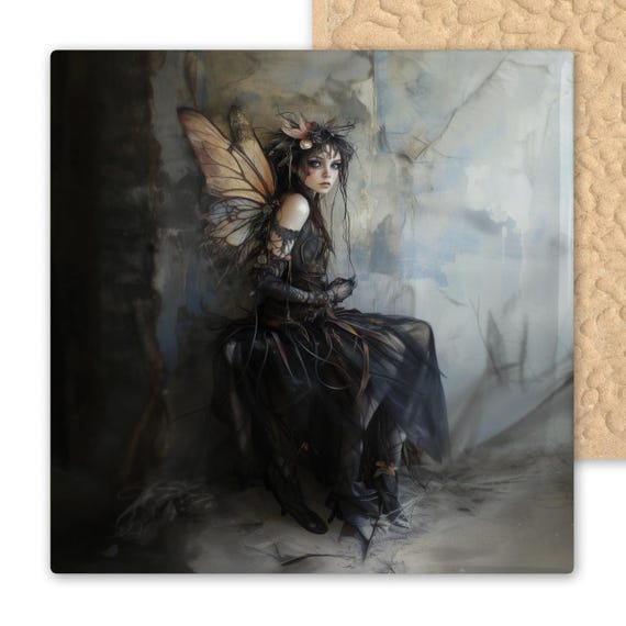 Ethereal Dark Fairy Ceramic Tile Art - Gothic Fantasy Wall Decor with Amber Wings, Witchy Woodland Aesthetic