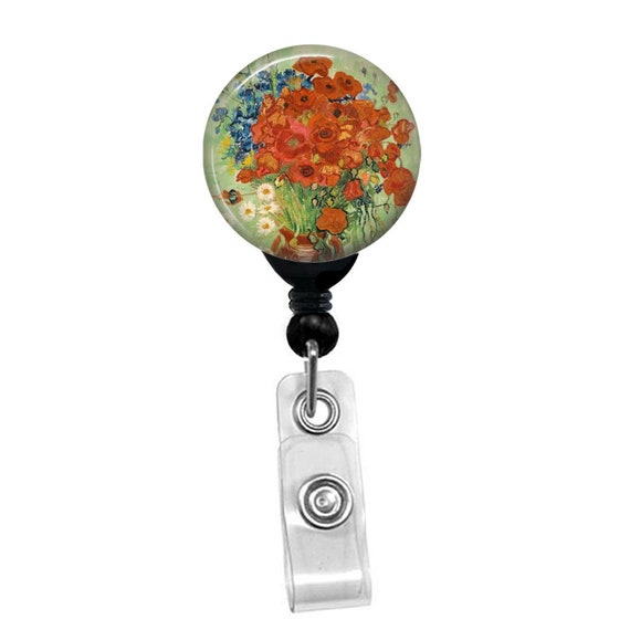Vincent Van Gogh Red Poppies and Daisies Badge Reel – Art Nurse Badge Holder – Floral Retractable ID Clip – Medical Art Badge Reel