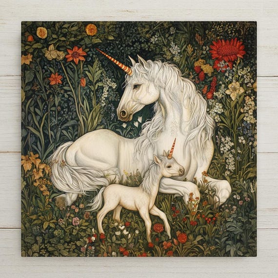 Woodland Unicorn Ceramic Tile: William Morris Fantasy Art